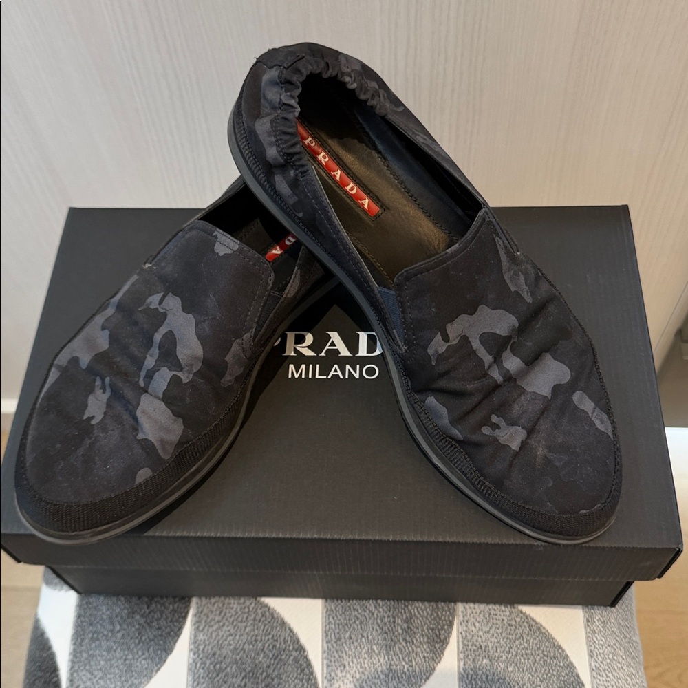 Prada Black and Gray Camouflage Slip-Ons